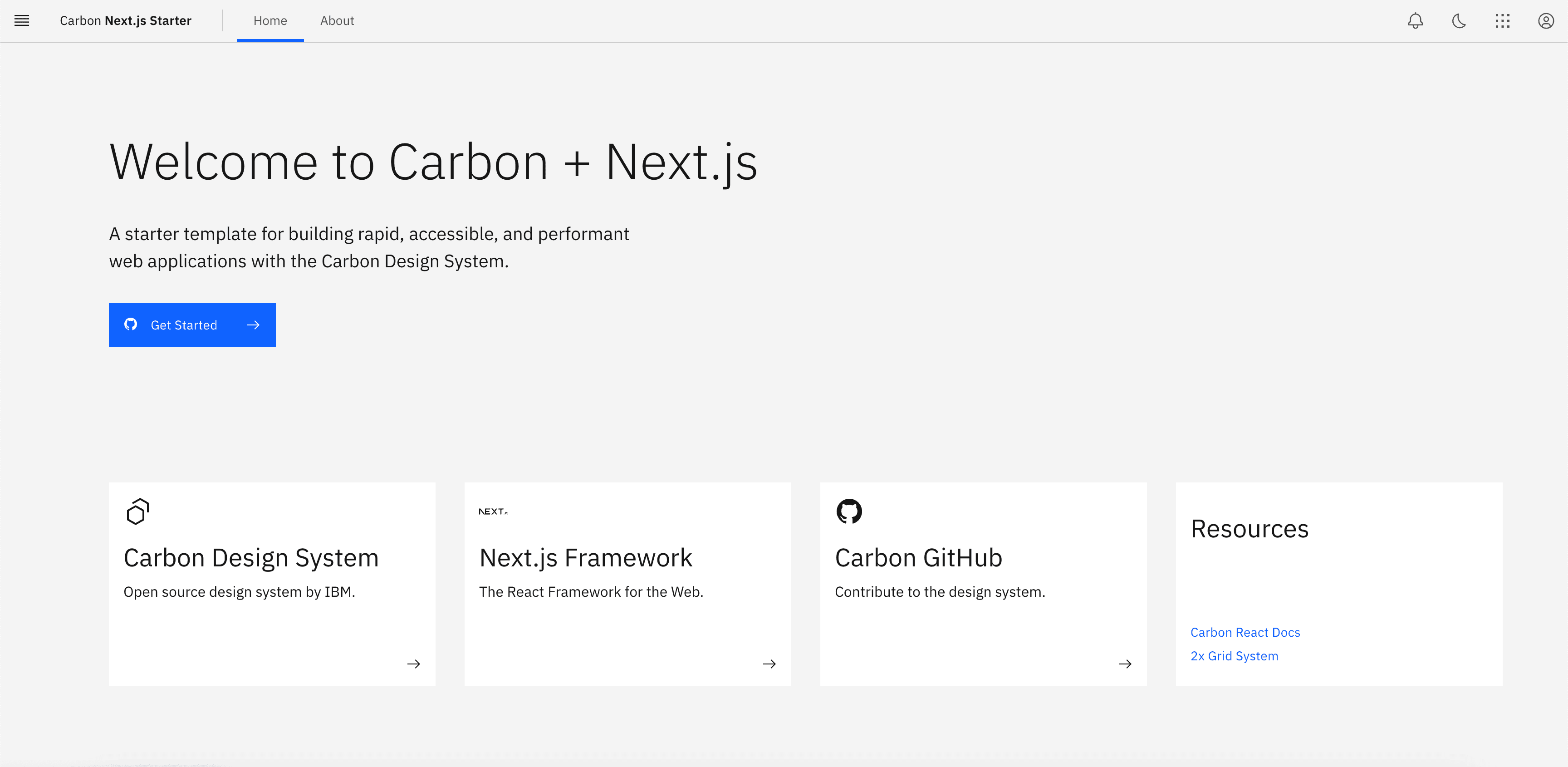 Screenshot of Next.js Carbon Template in light mode