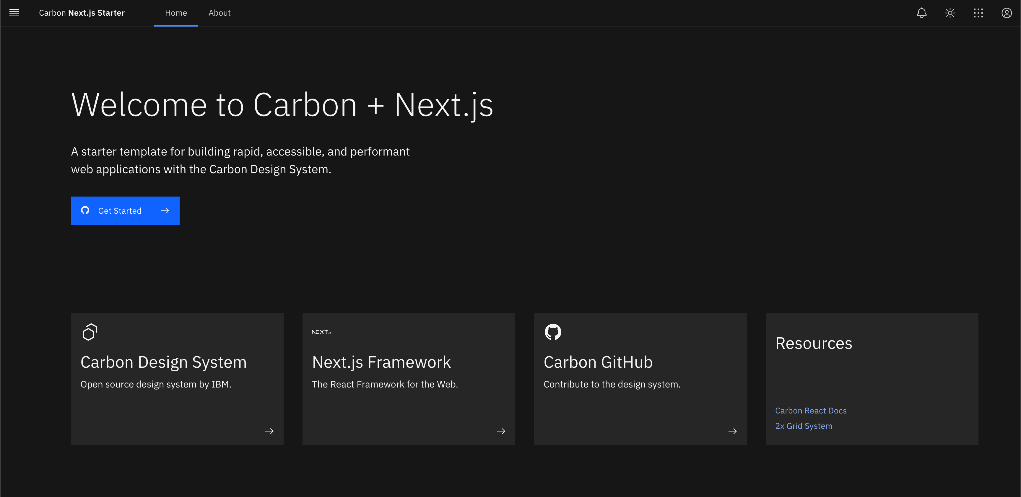 Screenshot of Next.js Carbon Template in dark mode